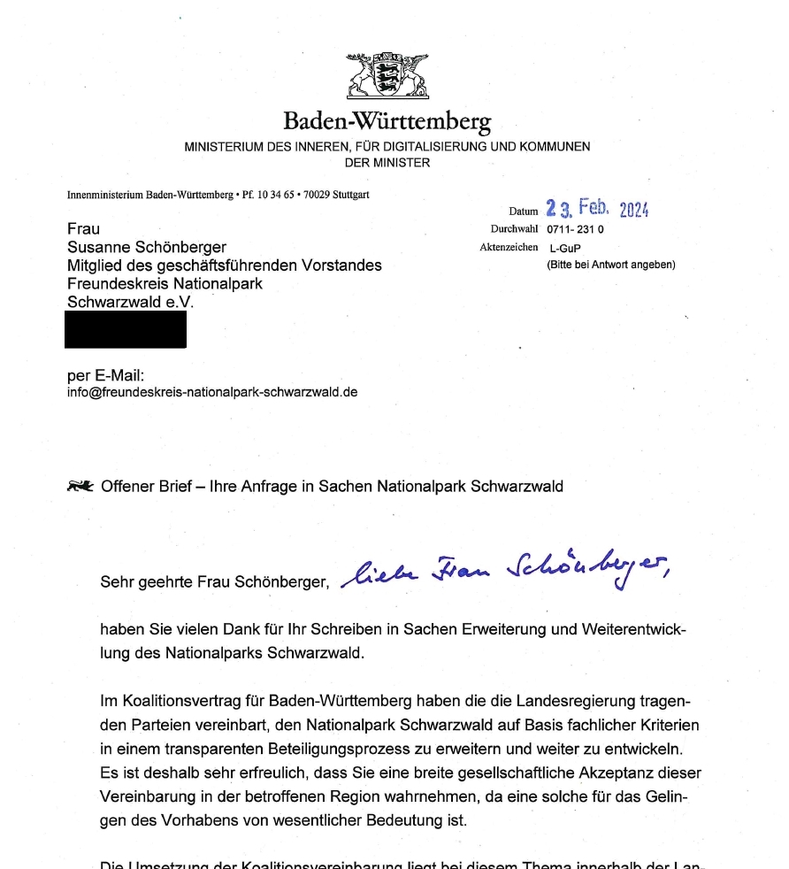 Stellungnahme des Freundeskreises Nationalpark Schwarzwald e. V. zu dem Antwortschreiben des stellvertretenden Ministerpräsidenten Thomas Strobl auf unseren offenen Brief